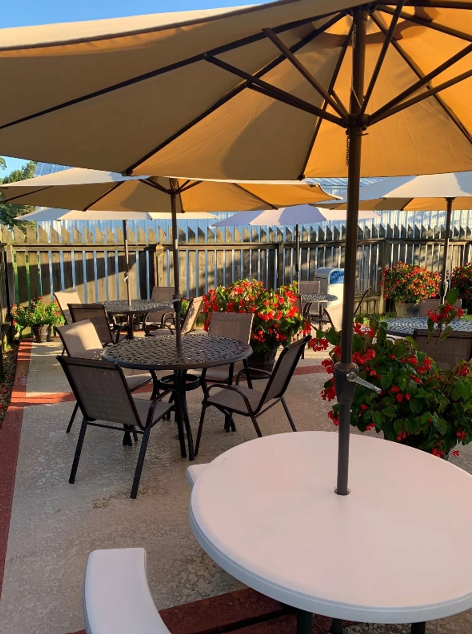 Cruiser's outdoor patio seating with umbrellas